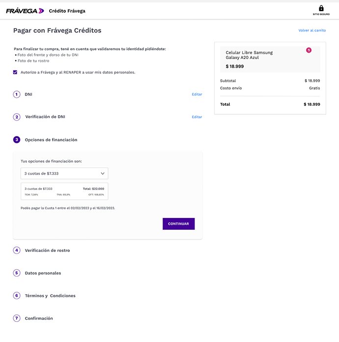 Financing options, with completed steps summarized and editable.