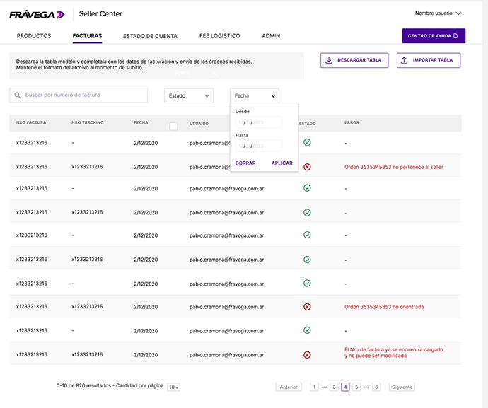 Invoices with filters and specific error messages per order.