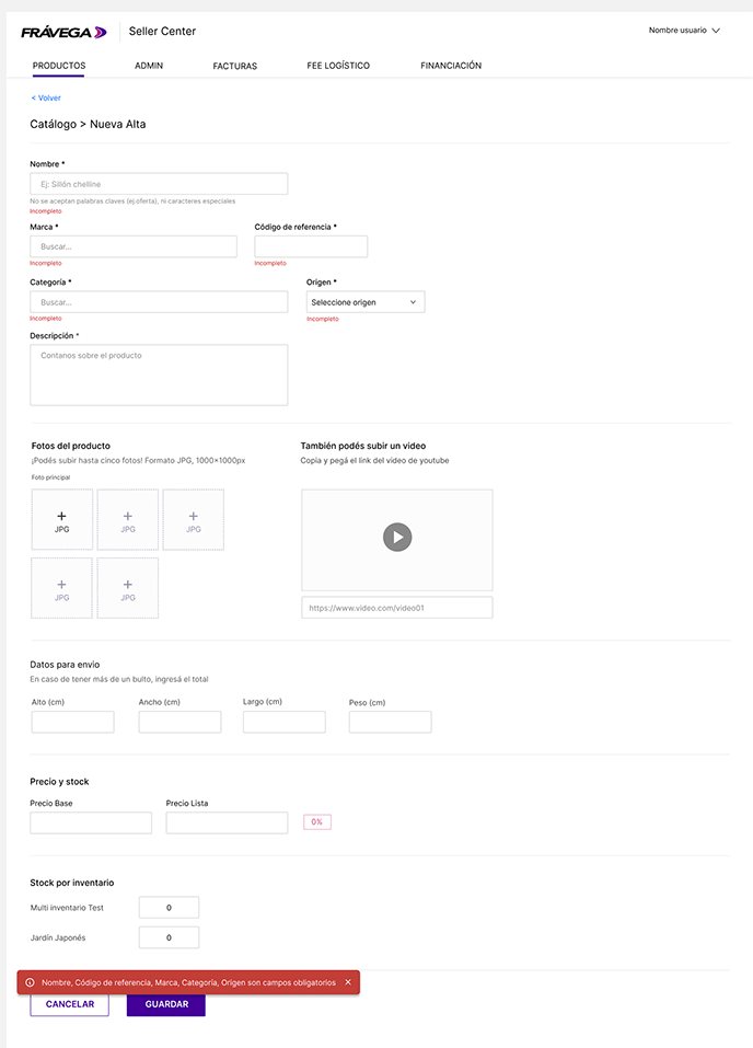 New product form with inline validation of required fields; bulk upload is available for large catalogs.