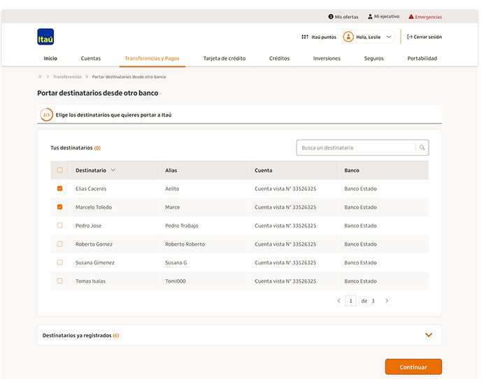 Step 2: choose which recipients to import; those already registered are listed separately.