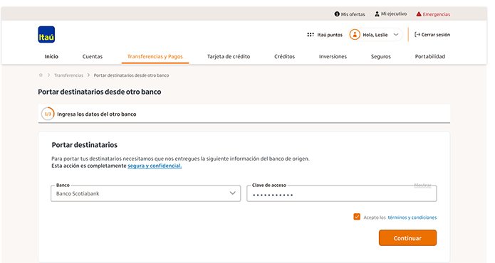 Step 1: choose the origin bank and enter its access key.