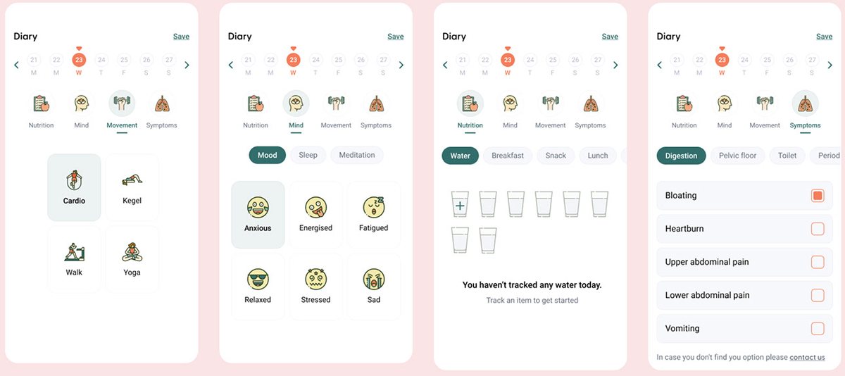 Diary: movement, mood, water and symptoms tracking.