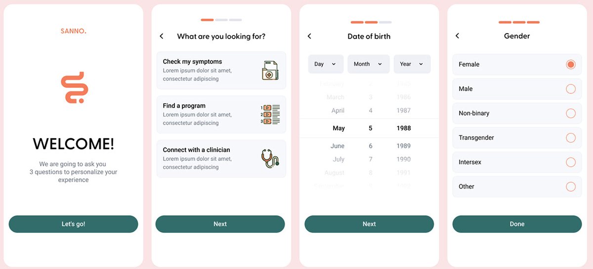Onboarding: three questions to personalize the experience.